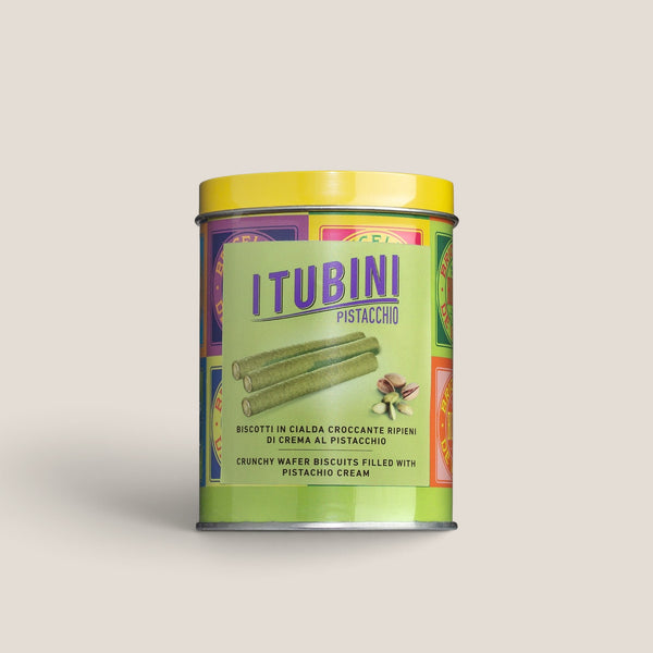 Dose Tubini Pistacchio von Bussy, 280 g Waffelröllchen mit Pistaziencremefüllung